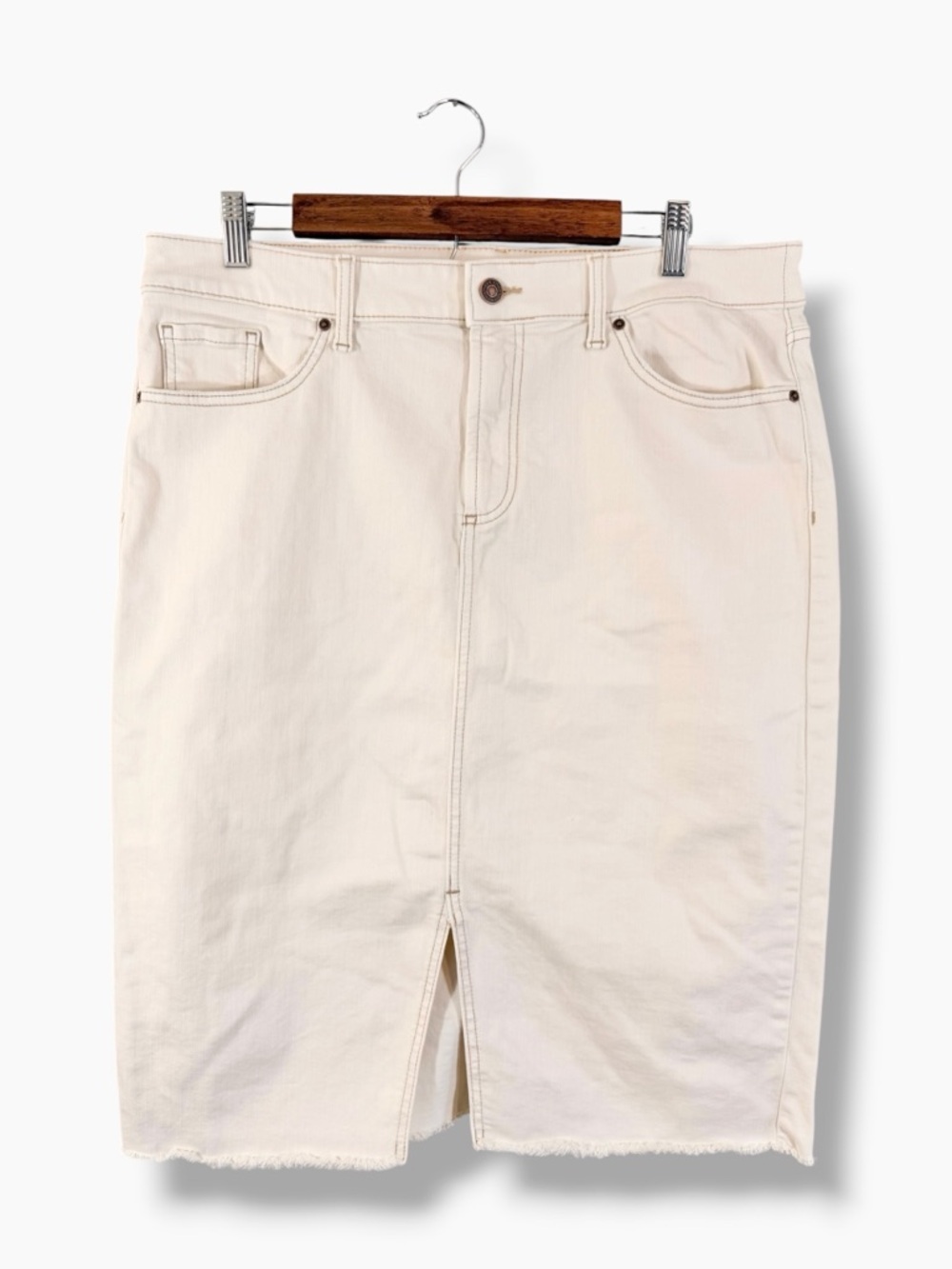 Chico’s Denim Midi Skirt Size 12 Ivory Frayed Hem High Rise Split Front Stretch